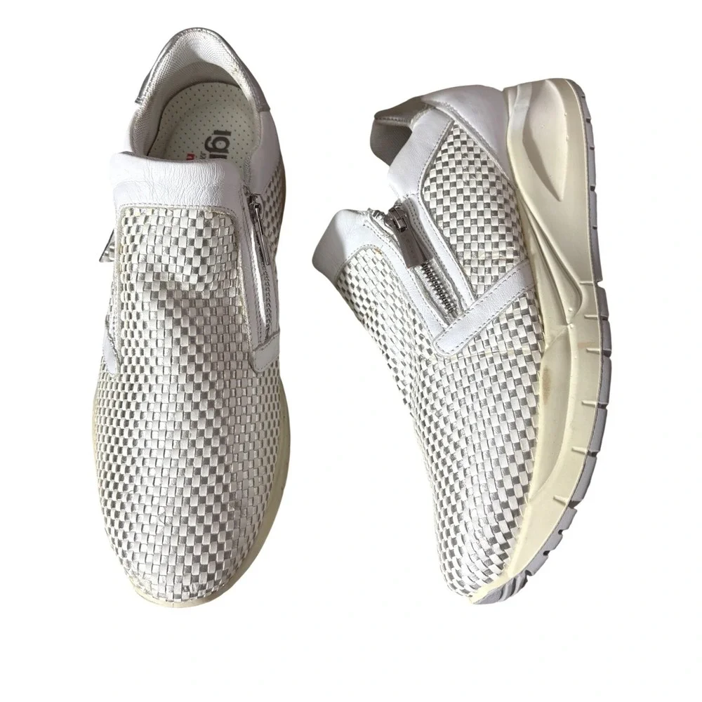 Igi&Co Woven Leather White Metallic Comfort Sneakers‎ Italy sz 9